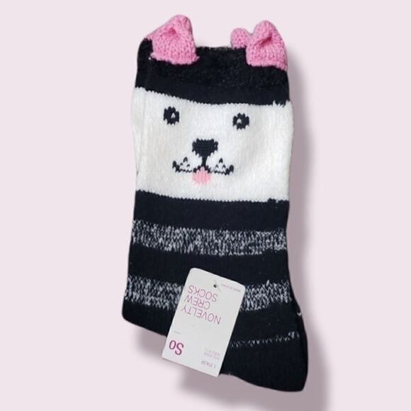 SO BLACK AND WHITE KITTY CAT FACE NOVELTY CREW SOCKS - NEW - Picture 1 of 5